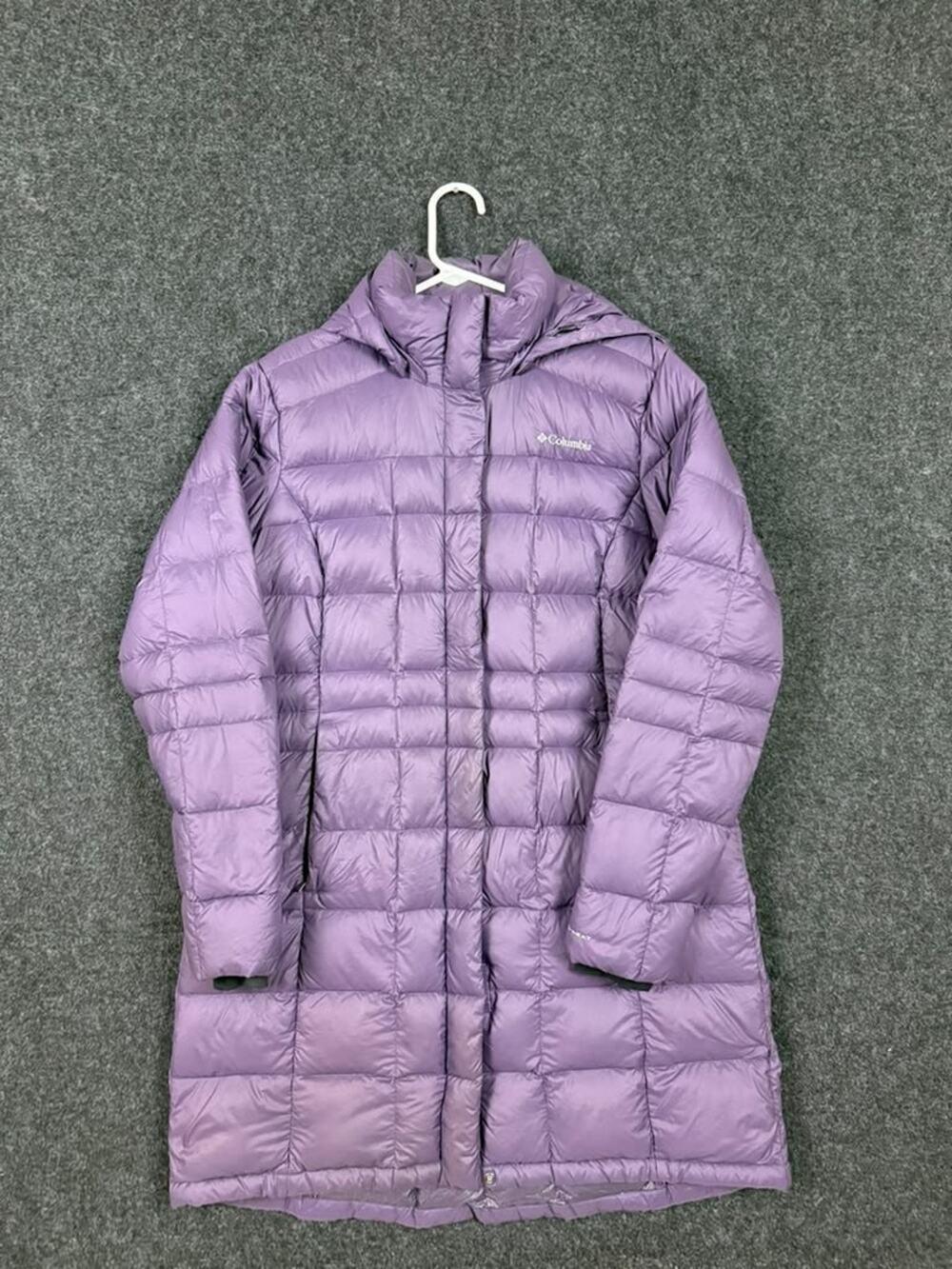 Columbia Omni Heat Down Puffer Coat Womens XL Purple Long Hooded Jacket